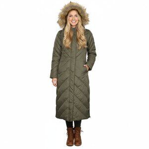 Larry Levine Long Midi Down Filled Parka Coat Faux Fur Hood Olive Green Quilted